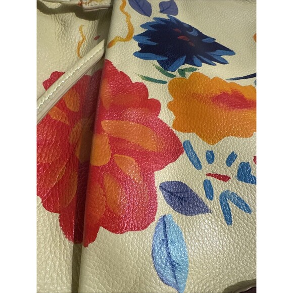 Elliott Lucca Leather Purse Yellow Hand Painted w/ Wood Gold Accents Soft EUC - Picture 3 of 16